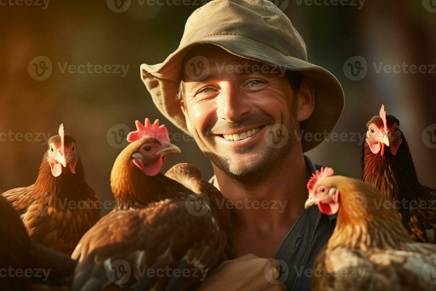 maschio contadino su pollo azienda agricola nel il giorno con generativo ai foto