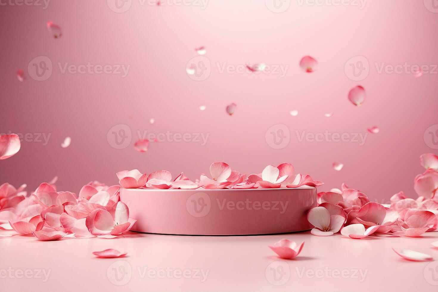 ai generato rosa Prodotto podio posizionamento su solido sfondo con rosa petali cadente. lusso premio bellezza, moda, cosmetico e terme regalo In piedi presentazione. San Valentino giorno presente vetrina. foto