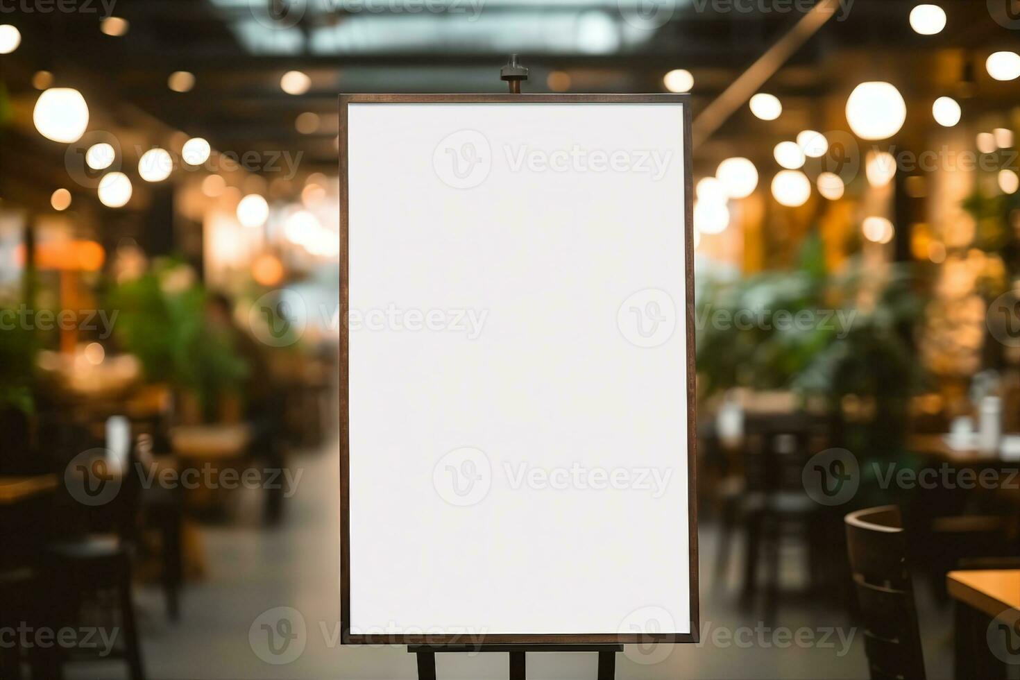 modello bianca manifesto con nero telaio In piedi nel davanti di sfocatura ristorante bar sfondo per mostrare o presente promozione Prodotto concetto. generativo ai. foto