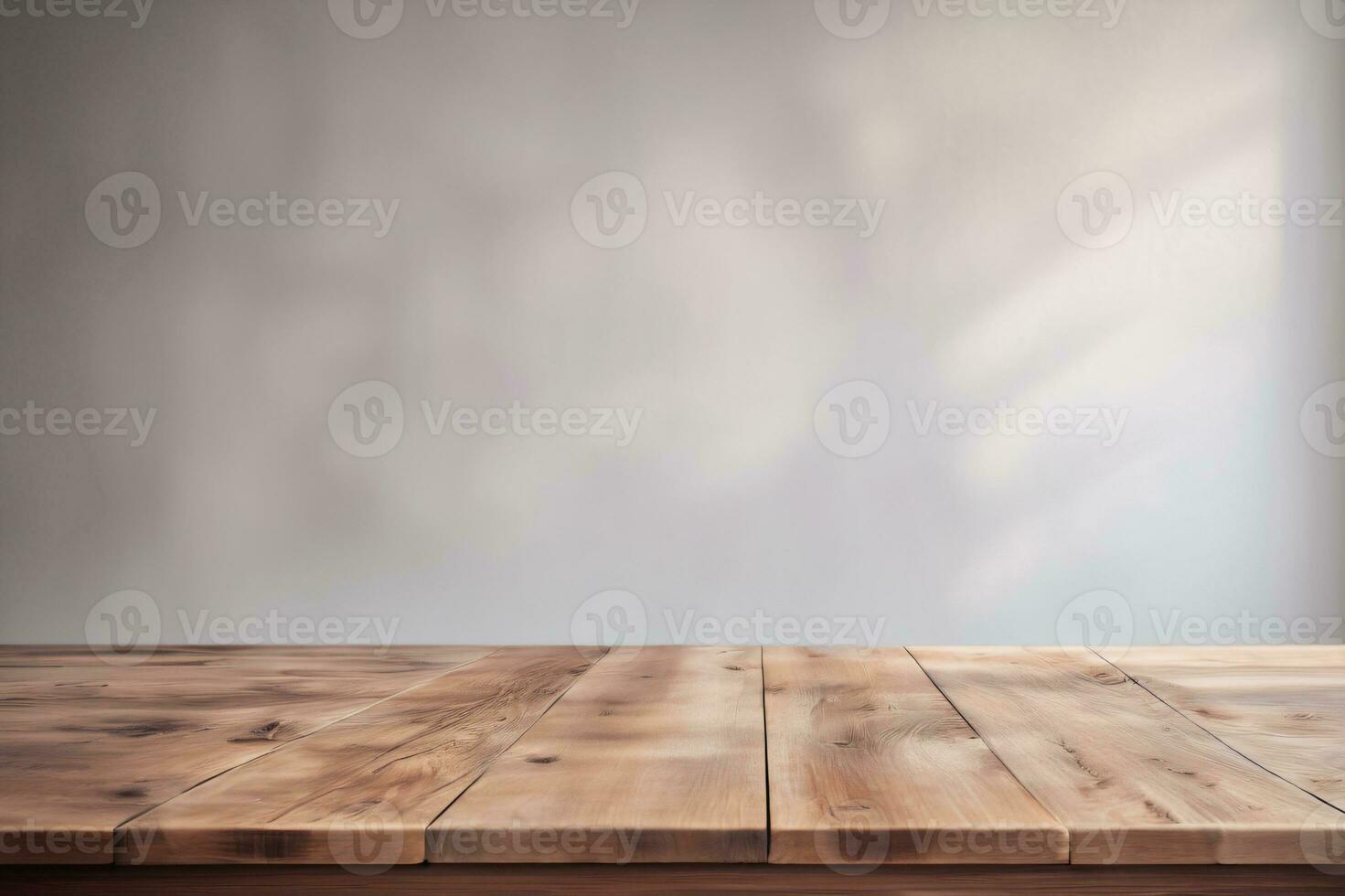 ai generato vuoto di legno tavolo nel un' debolmente illuminato camera con bokeh e sfocato sfondo ai generato foto