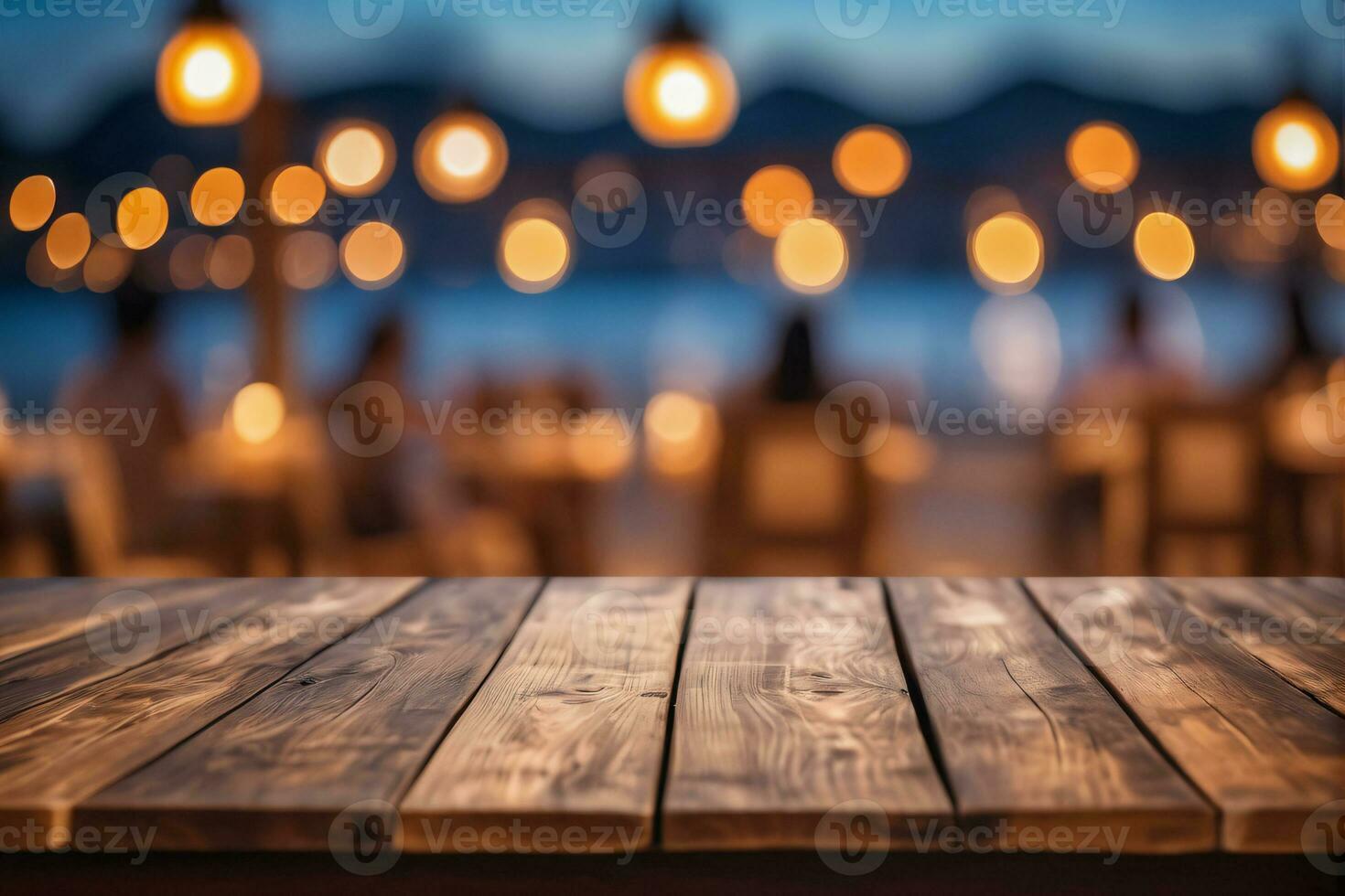 ai generato vuoto di legno tavolo con bokeh luci e sfocato spiaggia bar ricorrere sfondo a notte ai generato foto