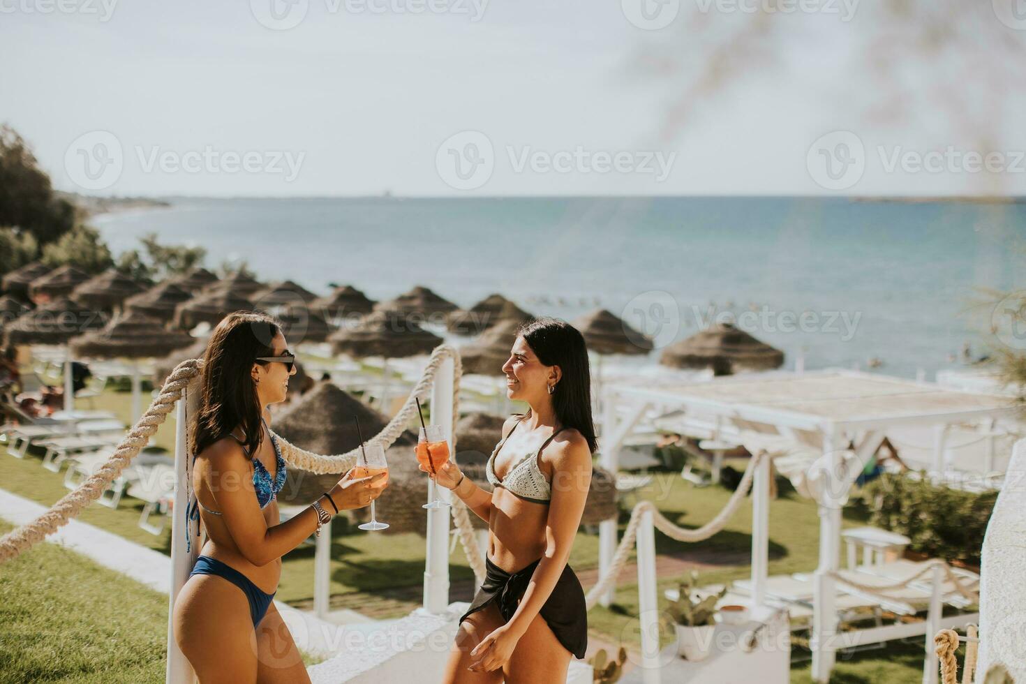 sorridente giovane donne nel bikini godendo vacanza su il spiaggia foto