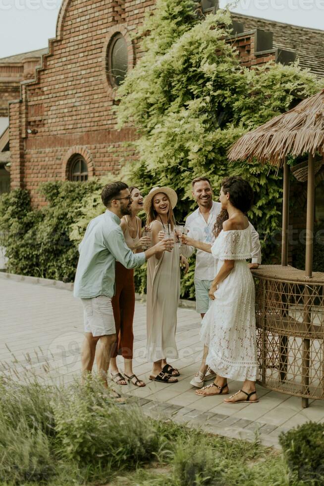 gruppo di giovane persone applauso e avendo divertimento all'aperto con bevande foto