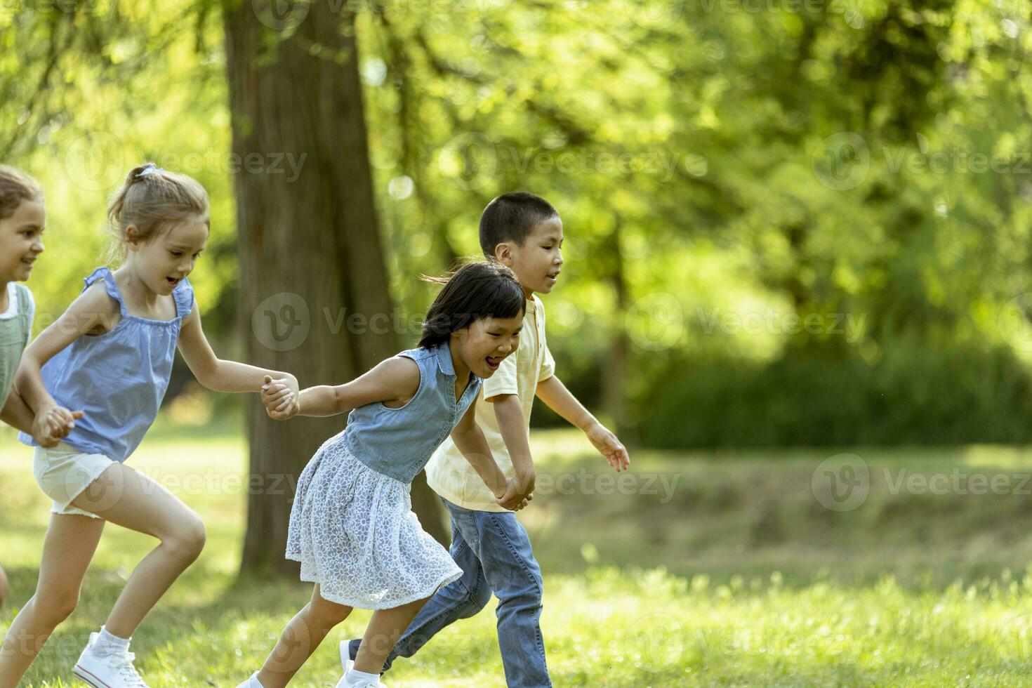 gruppo di asiatico e caucasico bambini avendo divertimento nel il parco foto