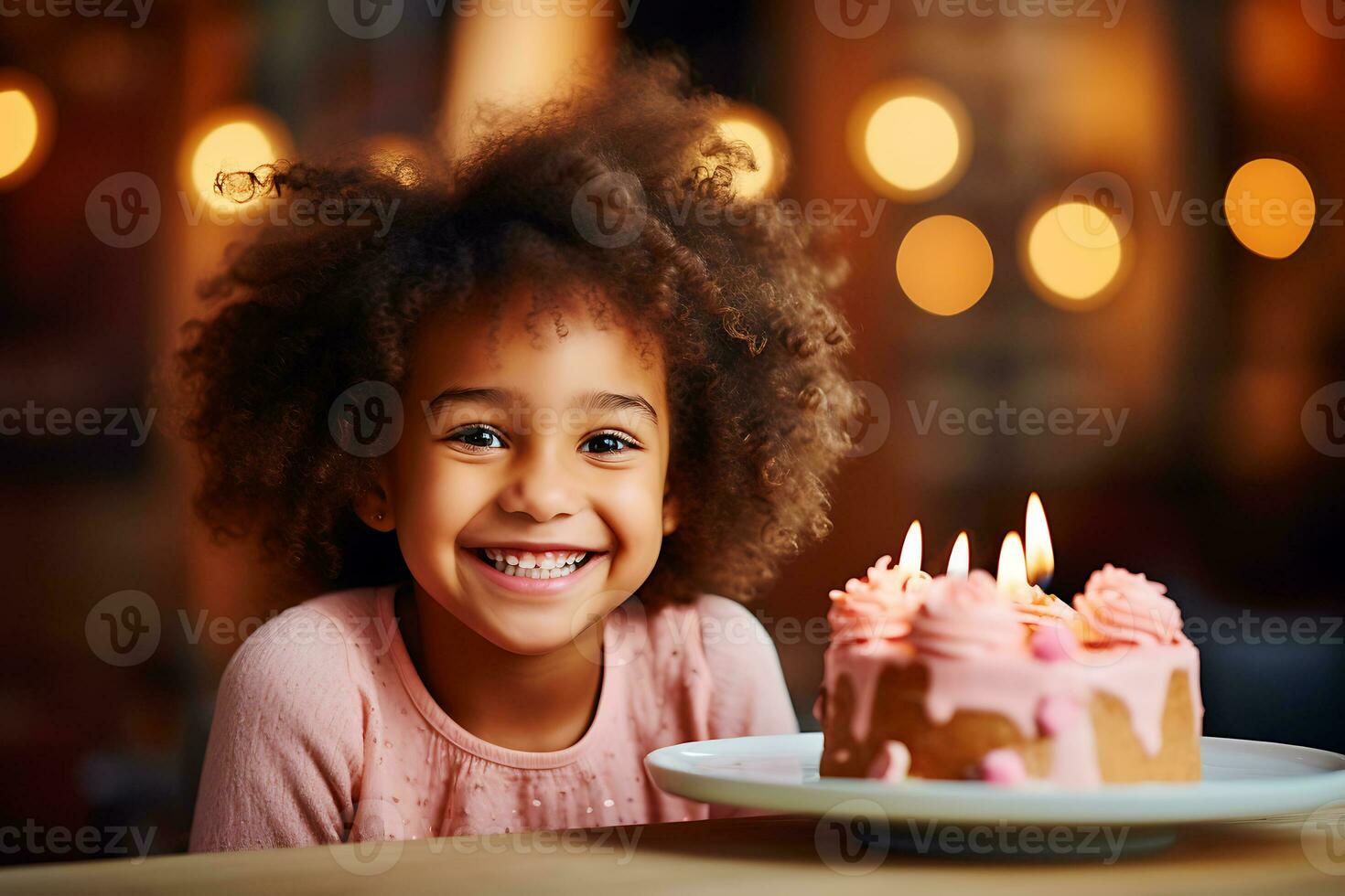 ai generativo. un africano americano ragazza bambino è andando per soffio su il candele su un' compleanno torta. il ragazza sembra a il telecamera e sorrisi foto