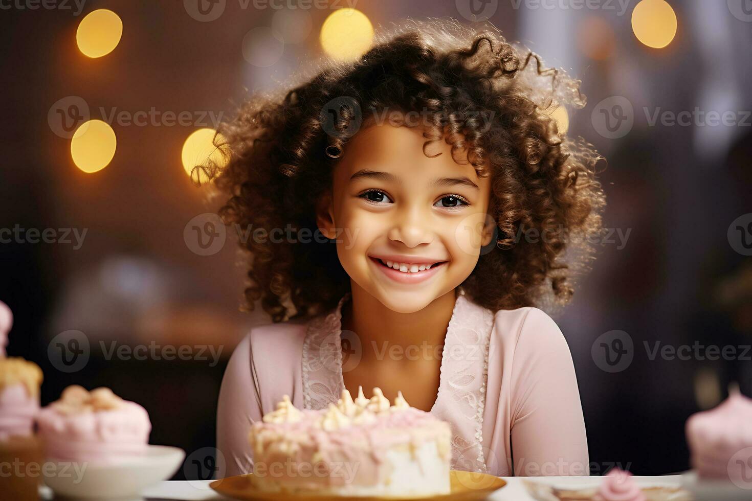 ai generativo. africano americano ragazza bambino celebra sua compleanno, Là è un' bellissimo torta nel davanti di il bambino. foto
