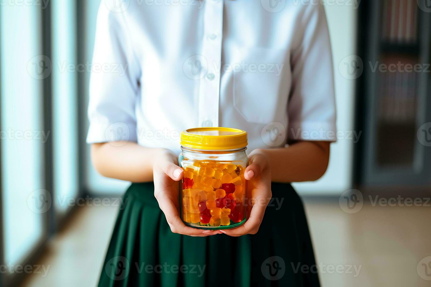 ai generativo. scolara bambino detiene nel sua mani un' vaso di masticabile gommoso vitamine. il concetto di assunzione vitamine per mantenere il bambino salutare mentre studiando foto