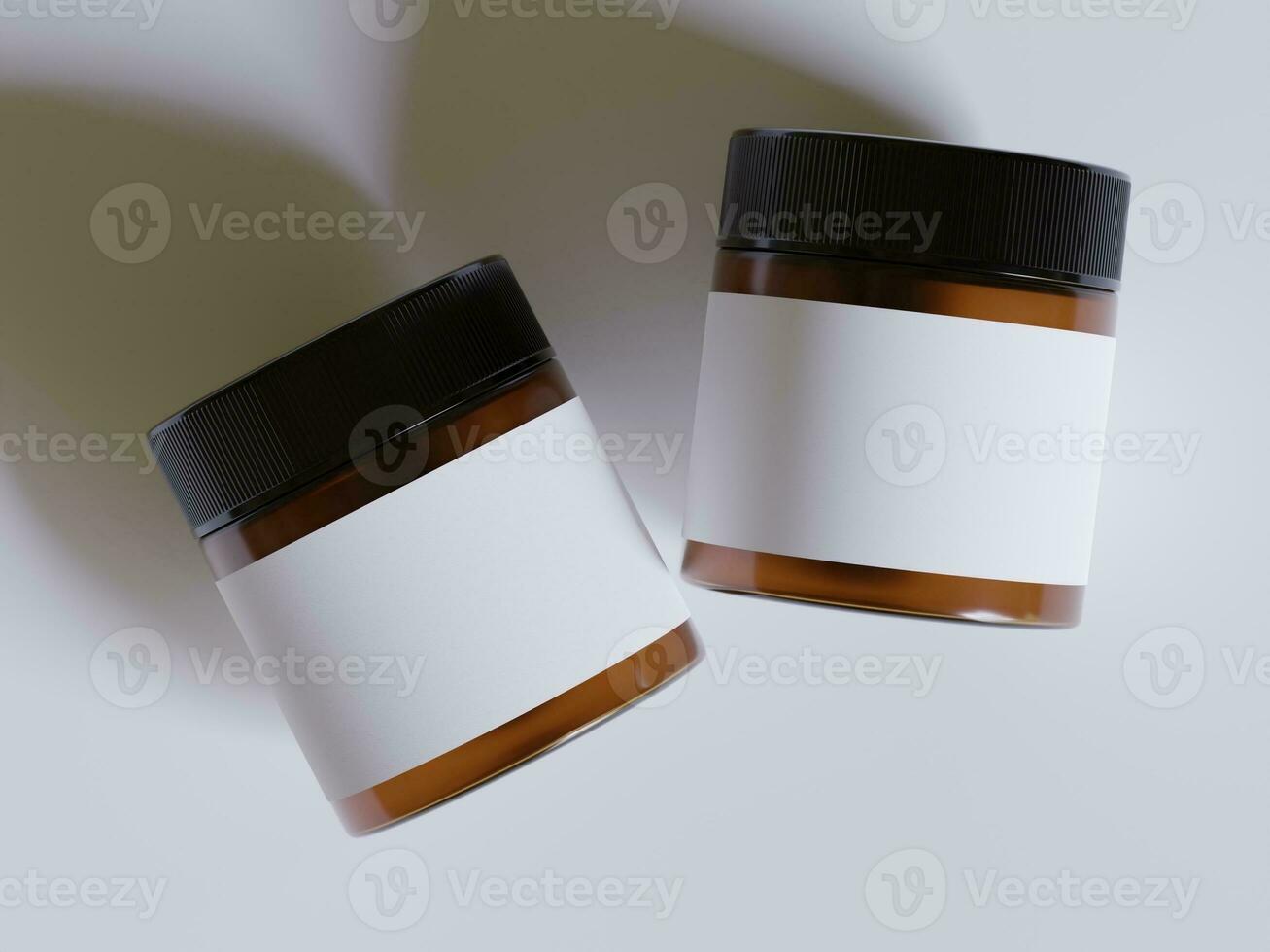 ambra bicchiere cosmetico vaso con un' realistico struttura vuoto etichetta bianca colore interpretazione 3d Software illustrazione, Marrone vaso colore e nero berretto foto