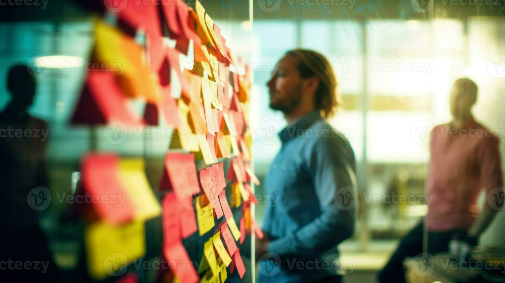 attività commerciale persone guardare a un' tavola con post-it. generativo ai foto