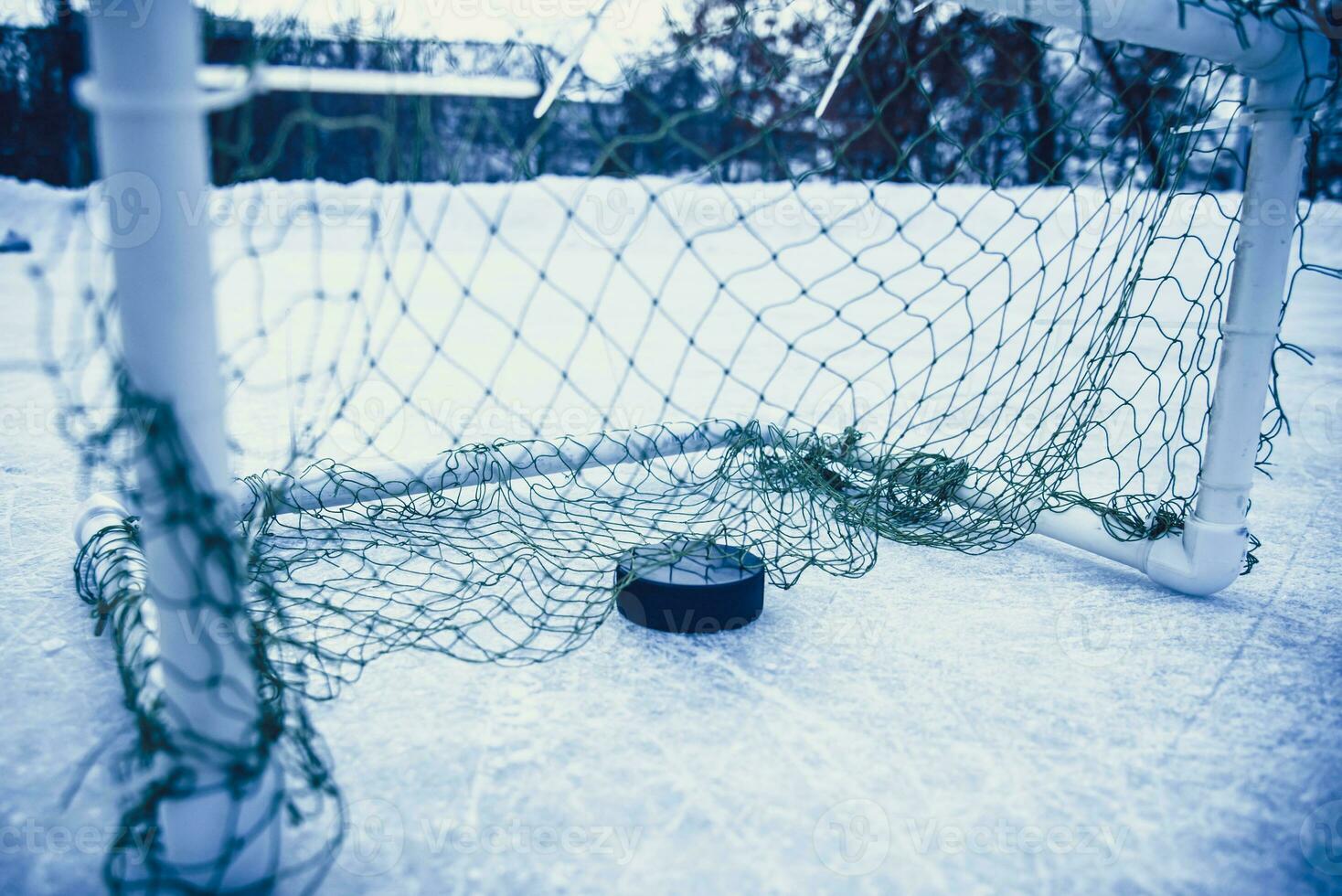 obbiettivo segnato di un' hockey disco nel il obbiettivo netto foto