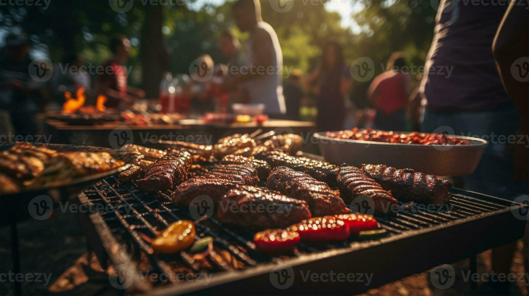 barbecue griglia con delizioso grigliato carne, verdure e altro cibo su estate festa ai generato foto