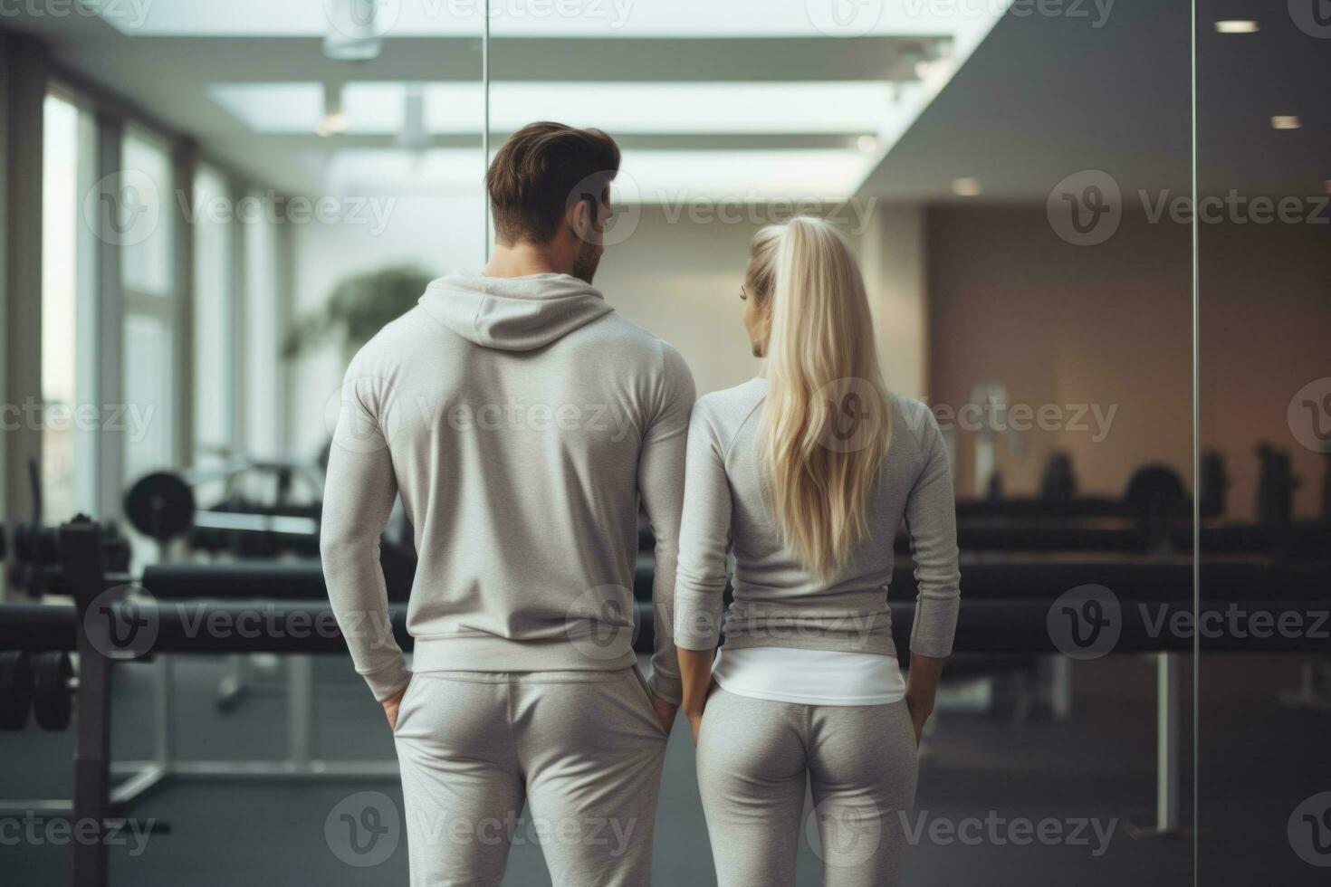coppia nel accoppiamento abbigliamento sportivo in piedi nel un' palestra.generativa ai foto
