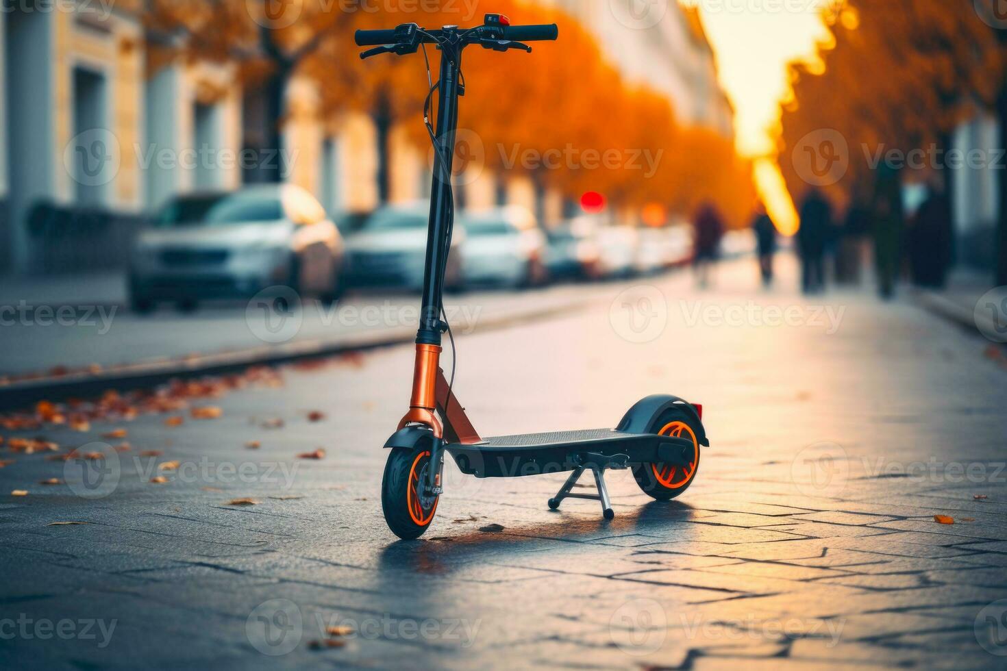 elettrico scooter parcheggiata su un urbano strada nel autunno. generativo ai foto