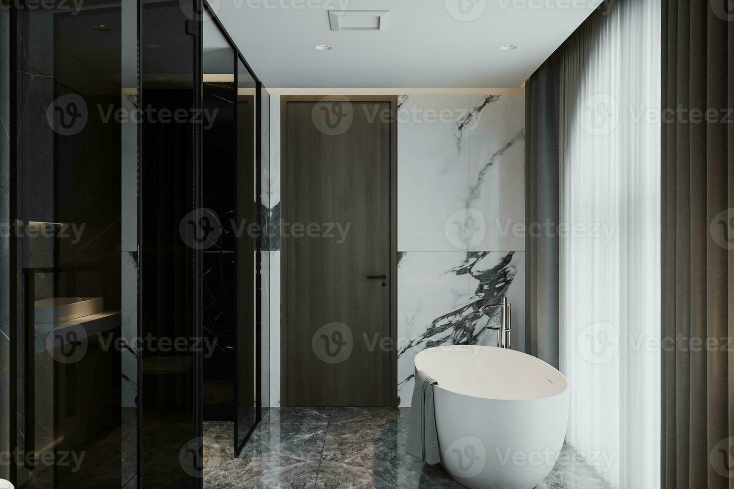 bianca esclusivo vasca da bagno e rubinetto nel il moderno lusso bagno. 3d interpretazione foto