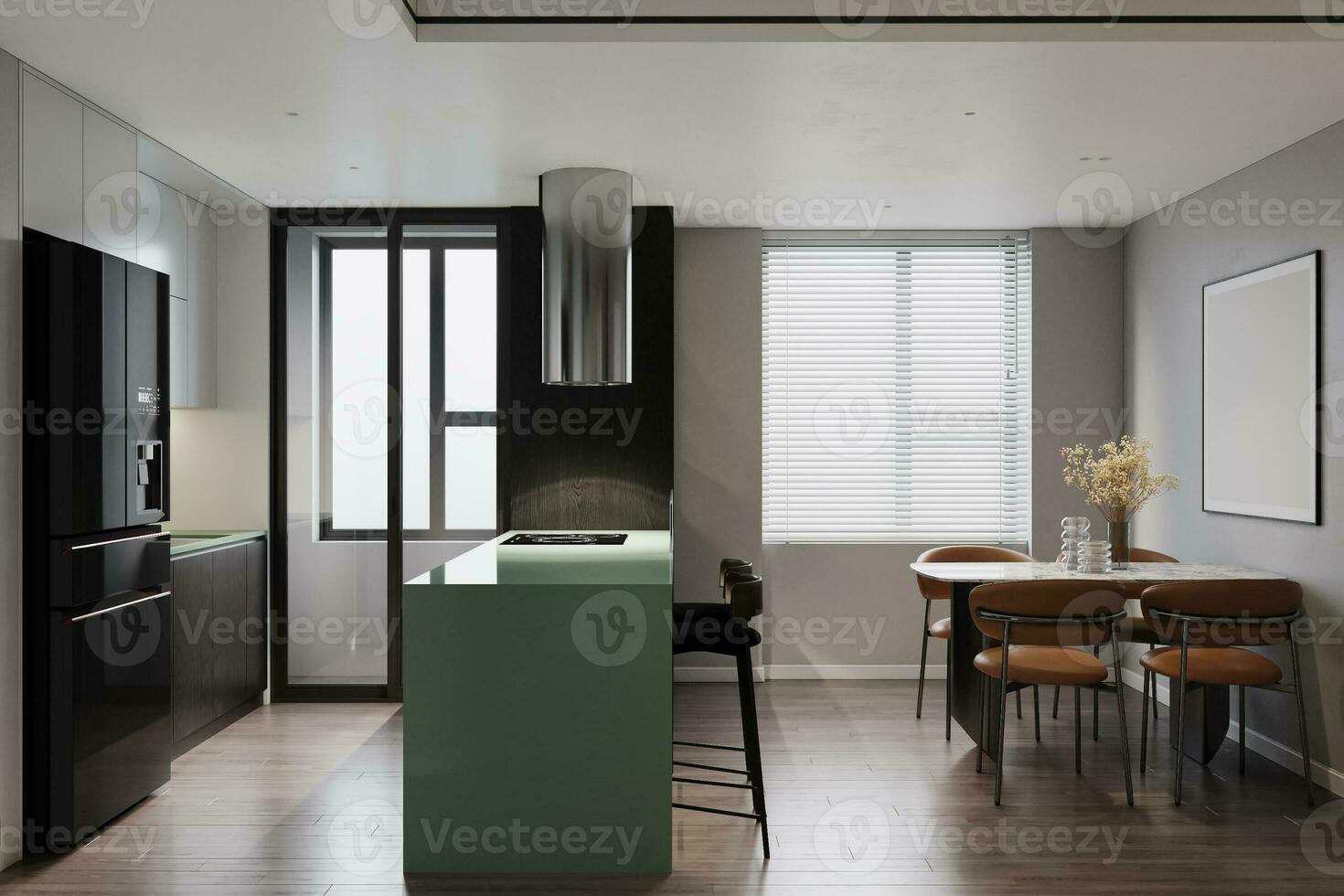 Aperto cucina interno nel moderno stile con verde accenti. 3d interpretazione foto