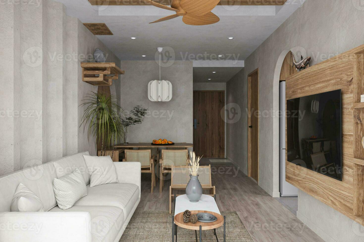 un' di recente costruito neutro beige vivente posto tana con ampio naturale luce, arredamento, e un' tv. foto