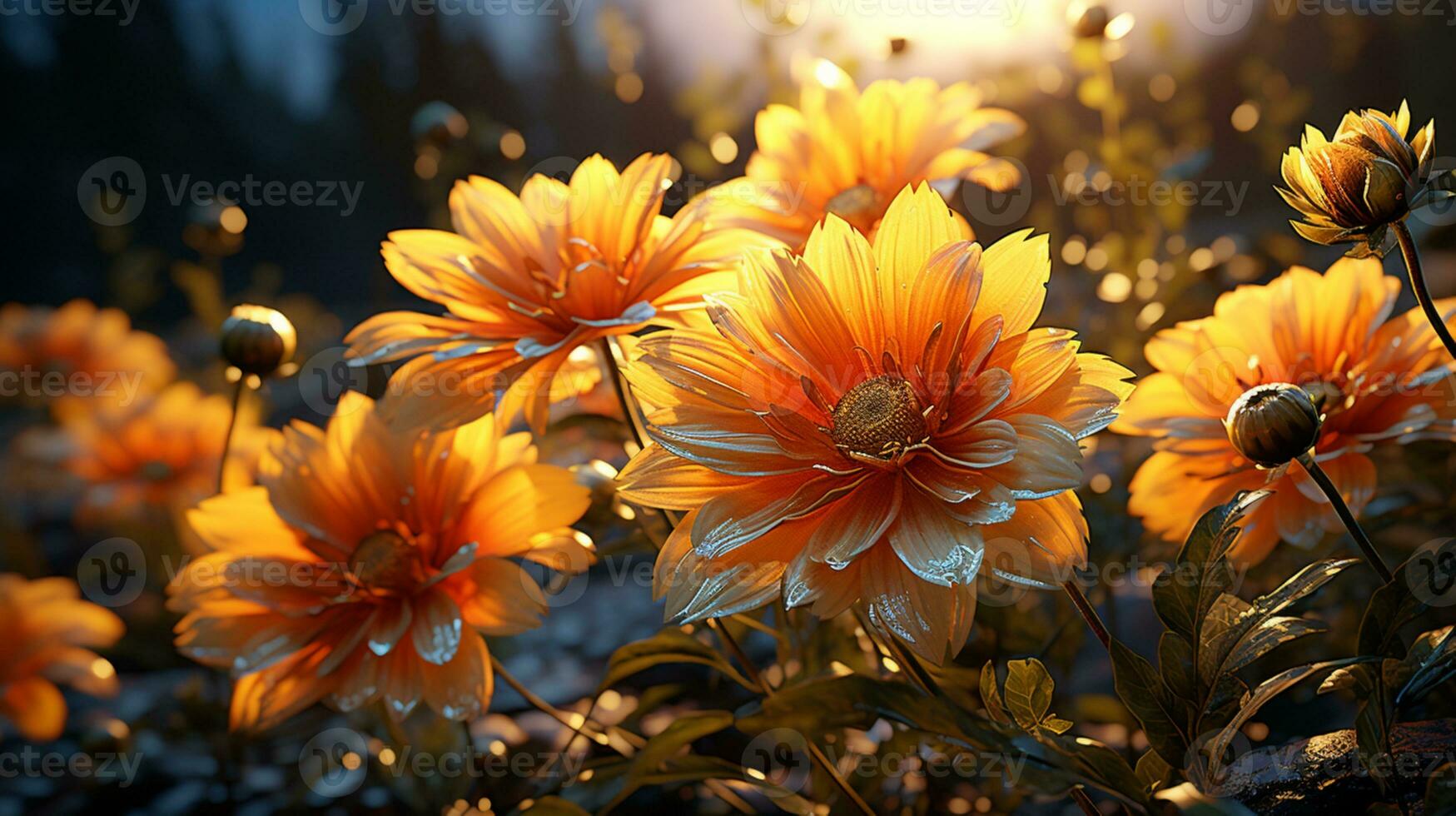 gerbera fiore tramonto o Alba cielo idilliaco su d'oro ore ai generato foto