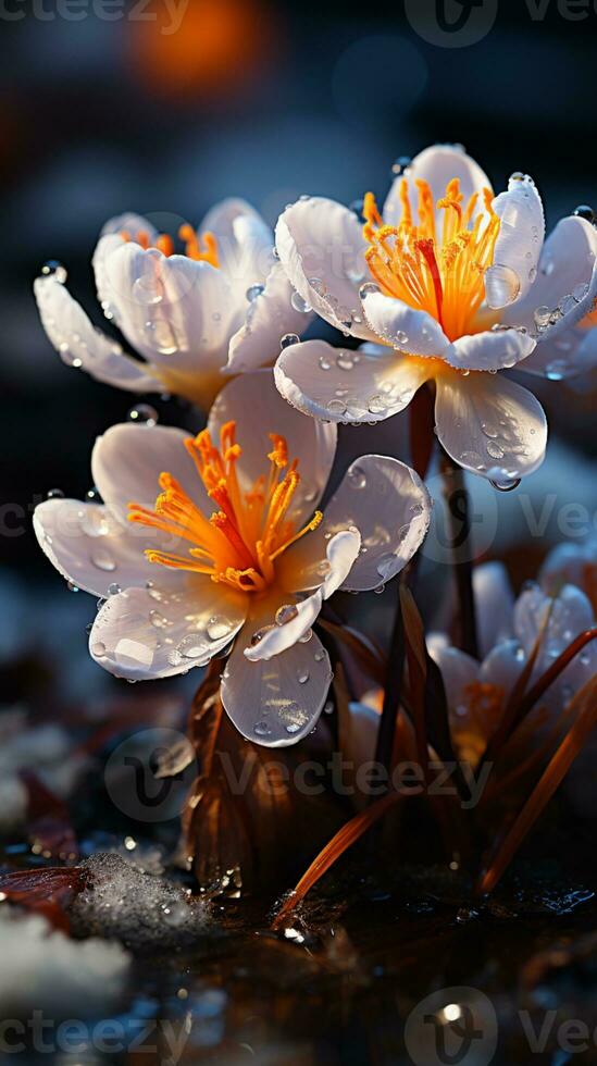 inverno croco fiore coperto di neve sera sole ai generato foto