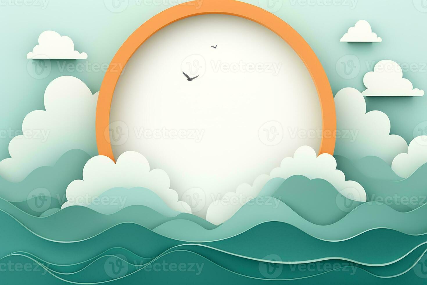 un arancia ovale telaio con nuvole e uccelli nel il sfondo generativo ai foto