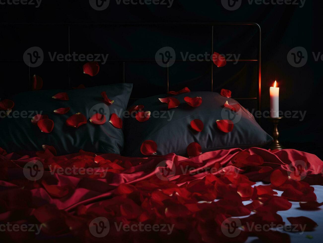 ai generato ai generazione. romantico san valentino giorno sfondo con letto con rosso biancheria, rosa petali foto