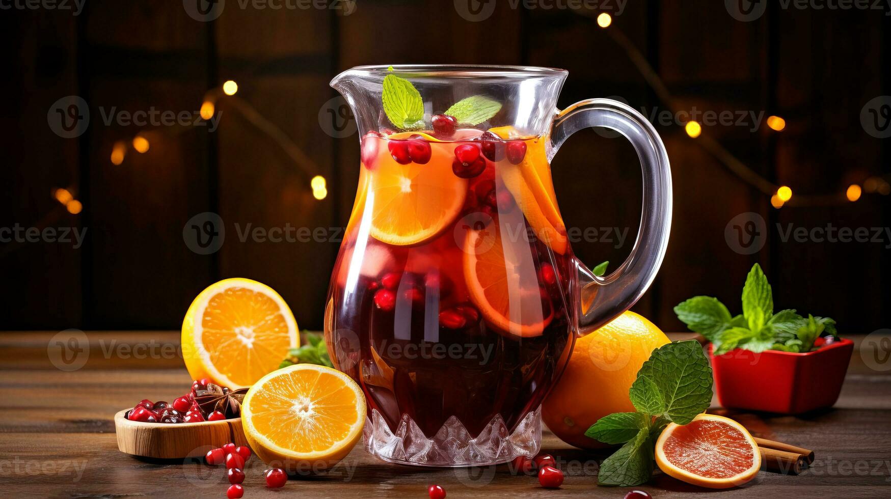 Natale Sangria nel un' bicchiere brocca, con arancia fette e frutti di bosco. ai generato. foto