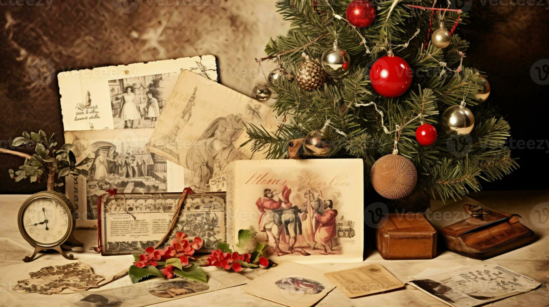 ai generato Natale collage, preparativi di vecchio Vintage ▾ fotografie