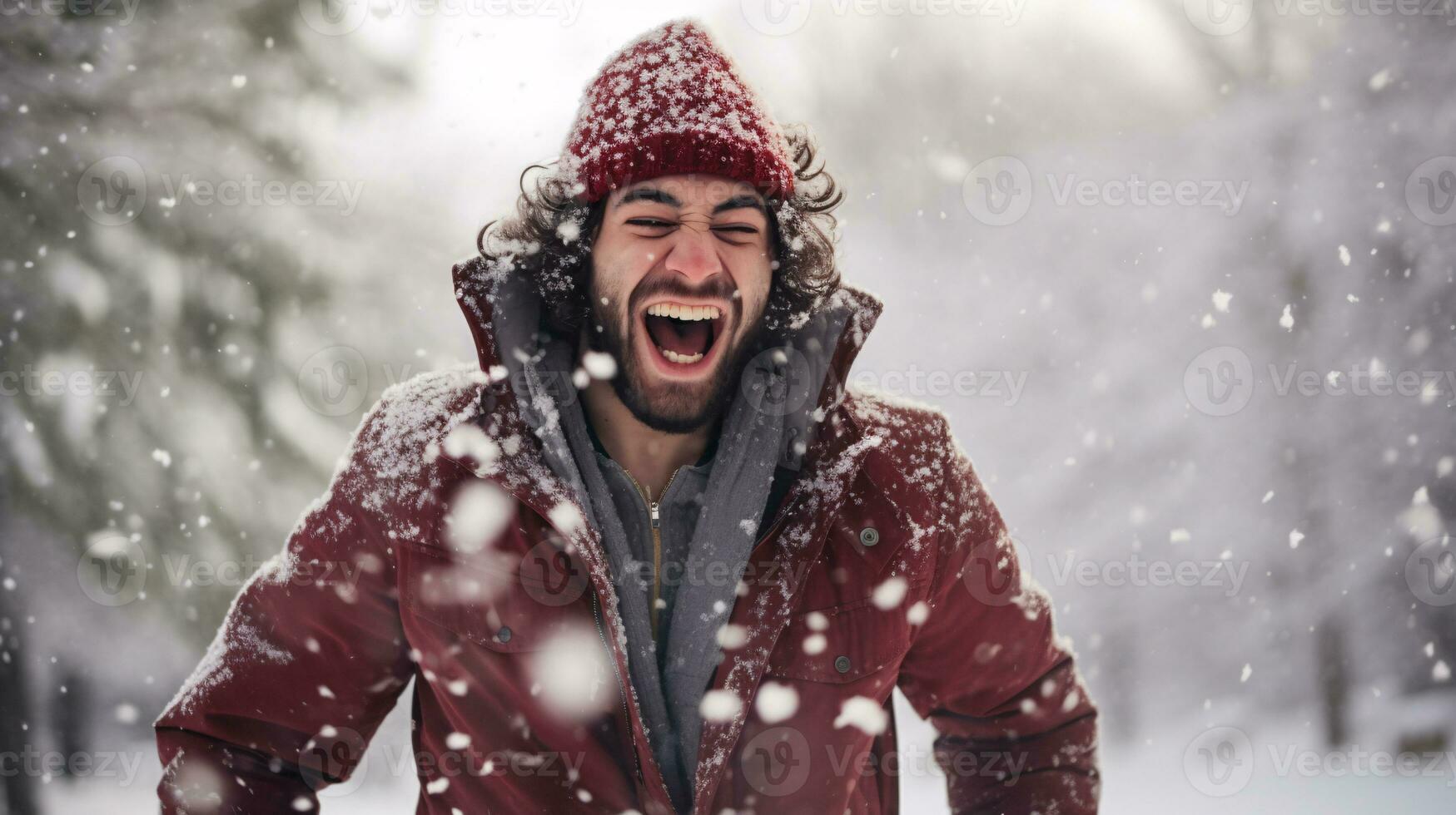 ai generato vicino su ritratto di un' modello felicemente urlando in caduta primo neve foto