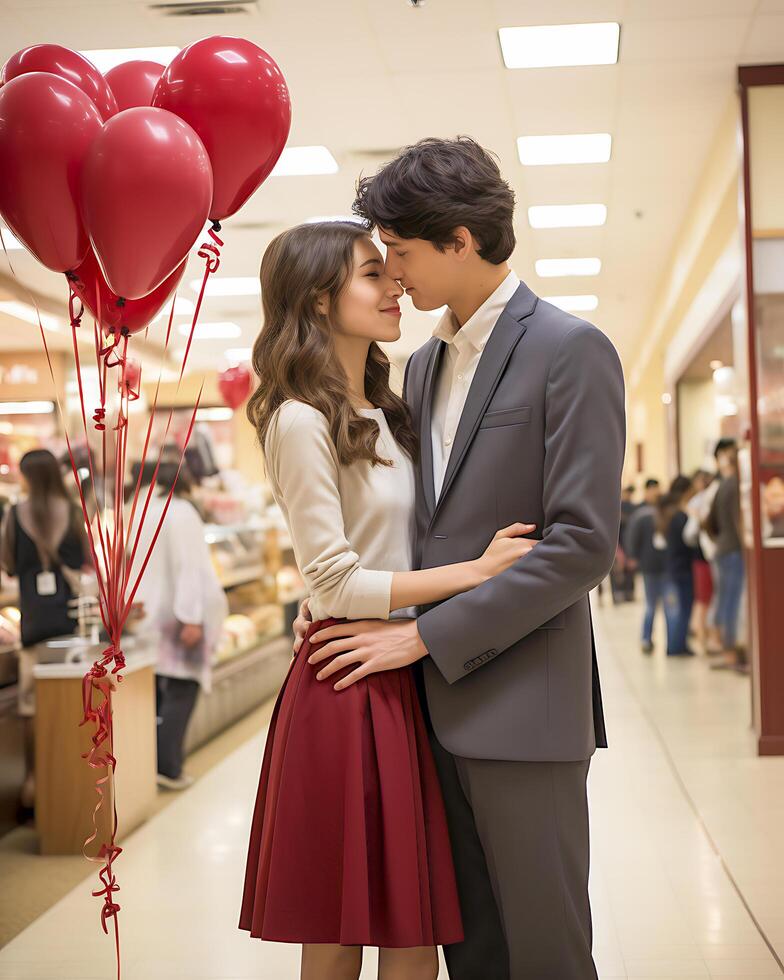 amore nel il aria. un' di coppia regalo scambio su San Valentino giorno. ai generato foto