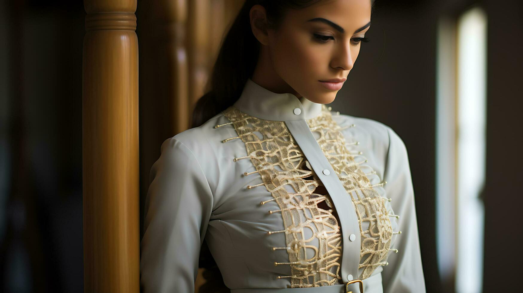 ai generato ritratto di un' bellissimo donna nel un' elegante di moda moda aderente vestire. foto