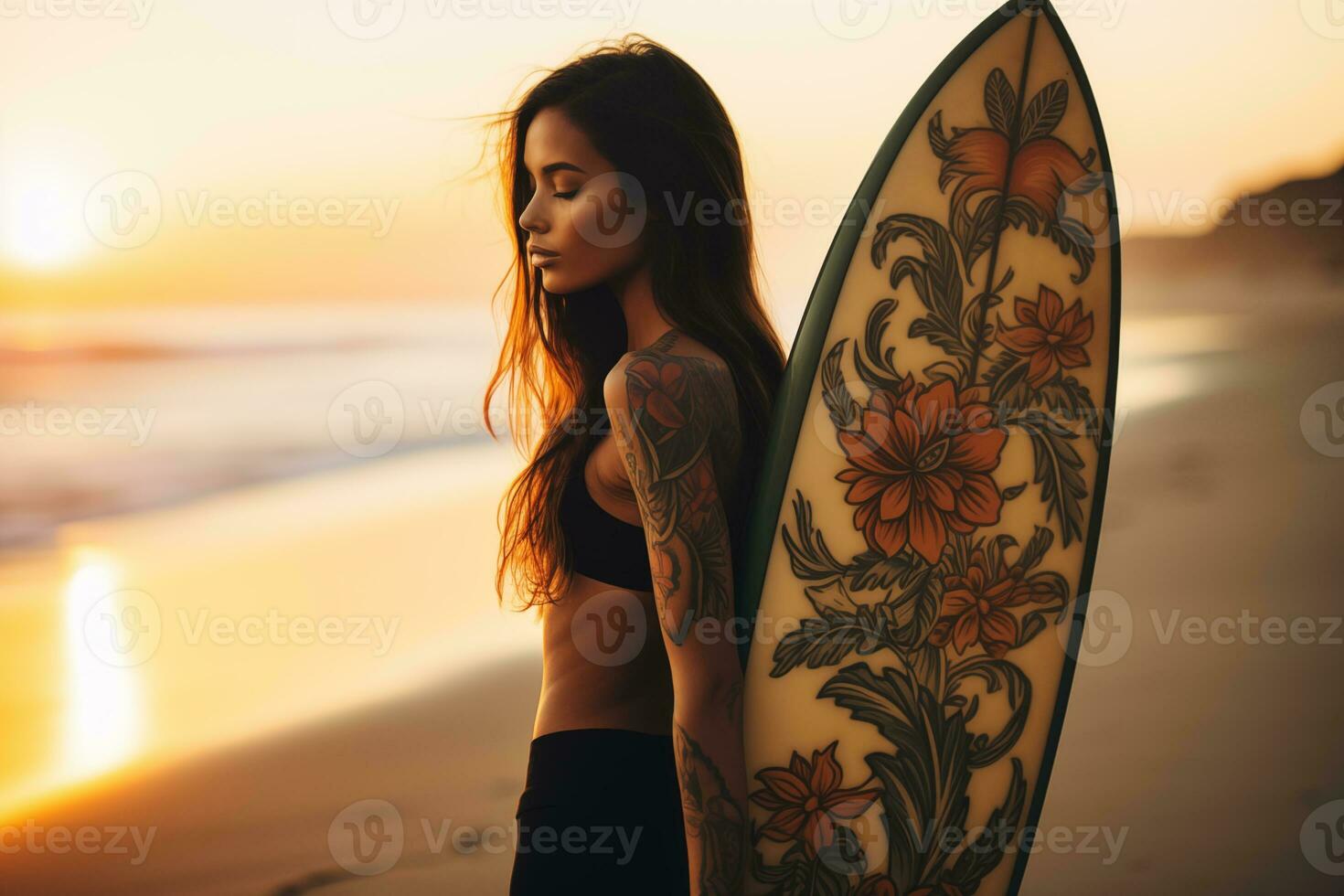 ai generato bellissimo surfer ragazza con tavola da surf su il sabbioso spiaggia. femmina surfista, acqua gli sport. salutare attivo stile di vita. fare surf. estremo sport. foto