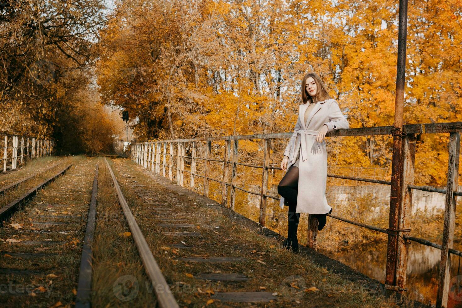 bellissimo dai capelli lunghi donna passeggiate attraverso il autunno strade. ferrovia, autunno, donna nel un' cappotto. foto