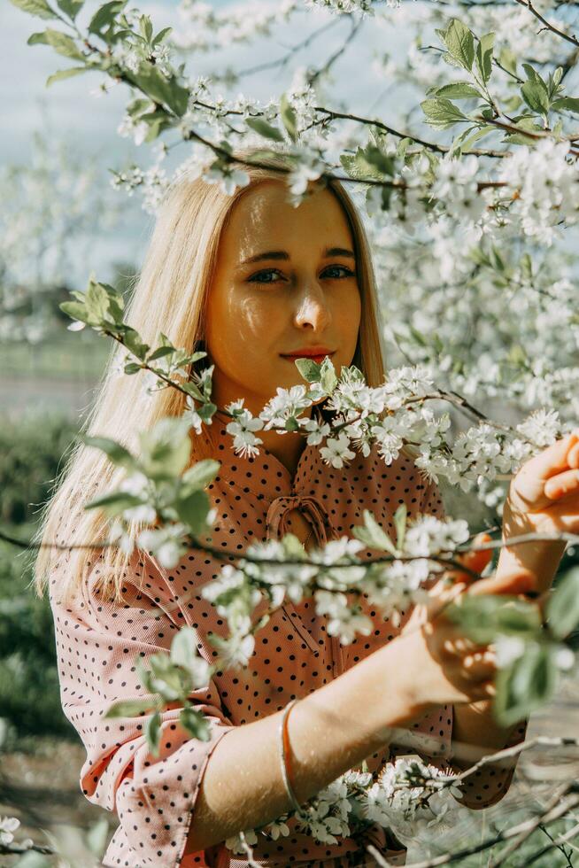 bionda ragazza su un' primavera camminare nel il giardino con ciliegia fiori. femmina ritratto, avvicinamento. un' ragazza nel un' rosa polka punto vestire. foto