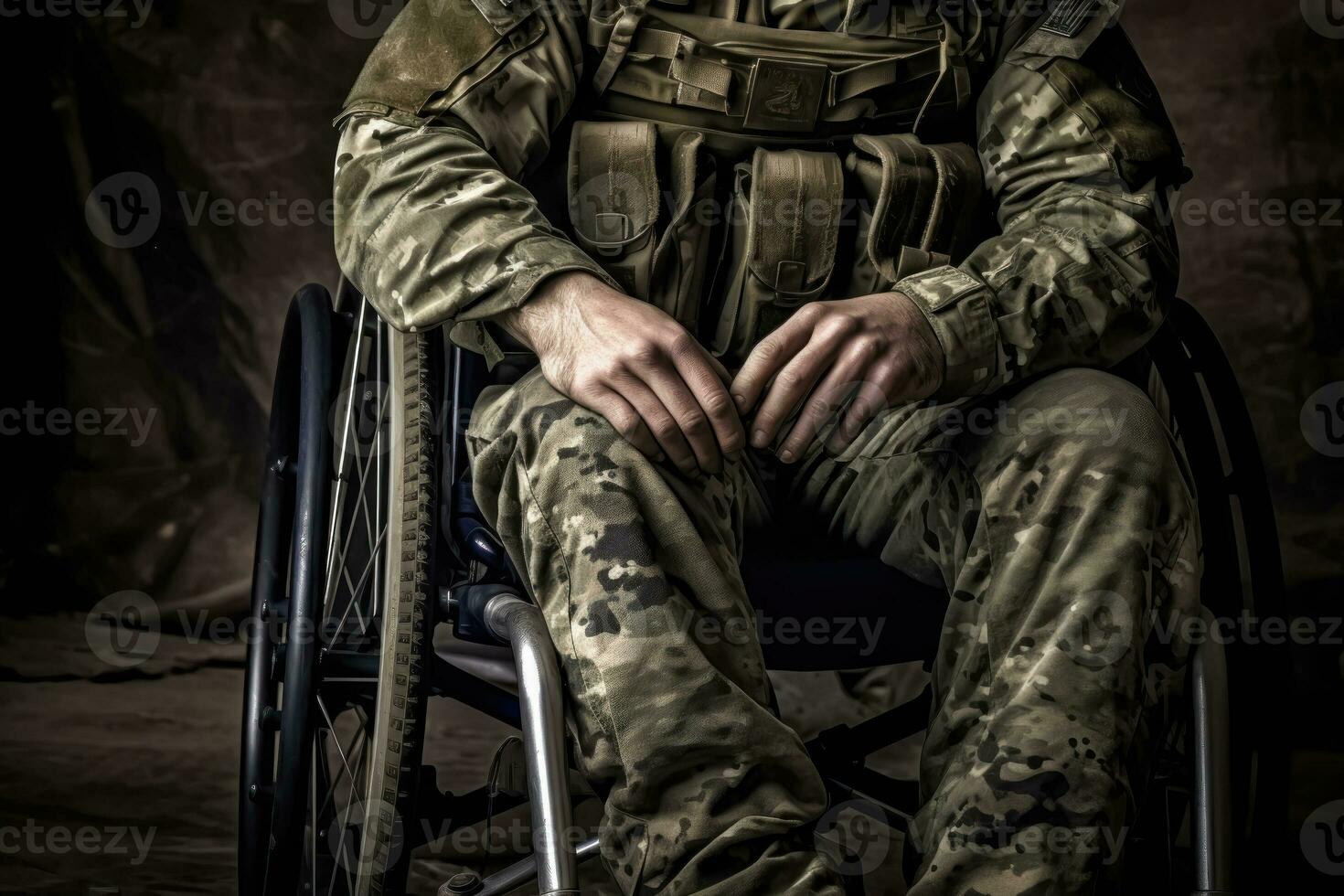 ai generato onorare servizio - veterano nel un' sedia a rotelle nel militare abbigliamento - generativo ai foto