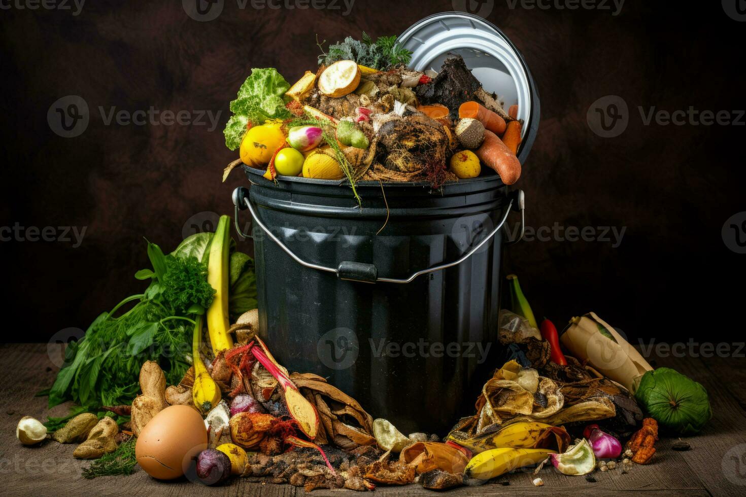 spazzatura bidone pieno di fresco biologico verdure e frutta su di legno sfondo generativo ai foto