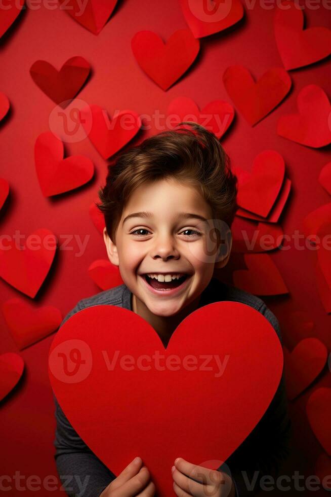 ai generato contento poco ragazzo con rosso cuori su San Valentino giorno. foto