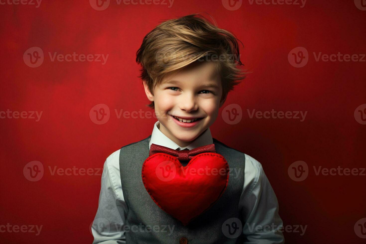 ai generato contento poco ragazzo con rosso cuori su San Valentino giorno. foto