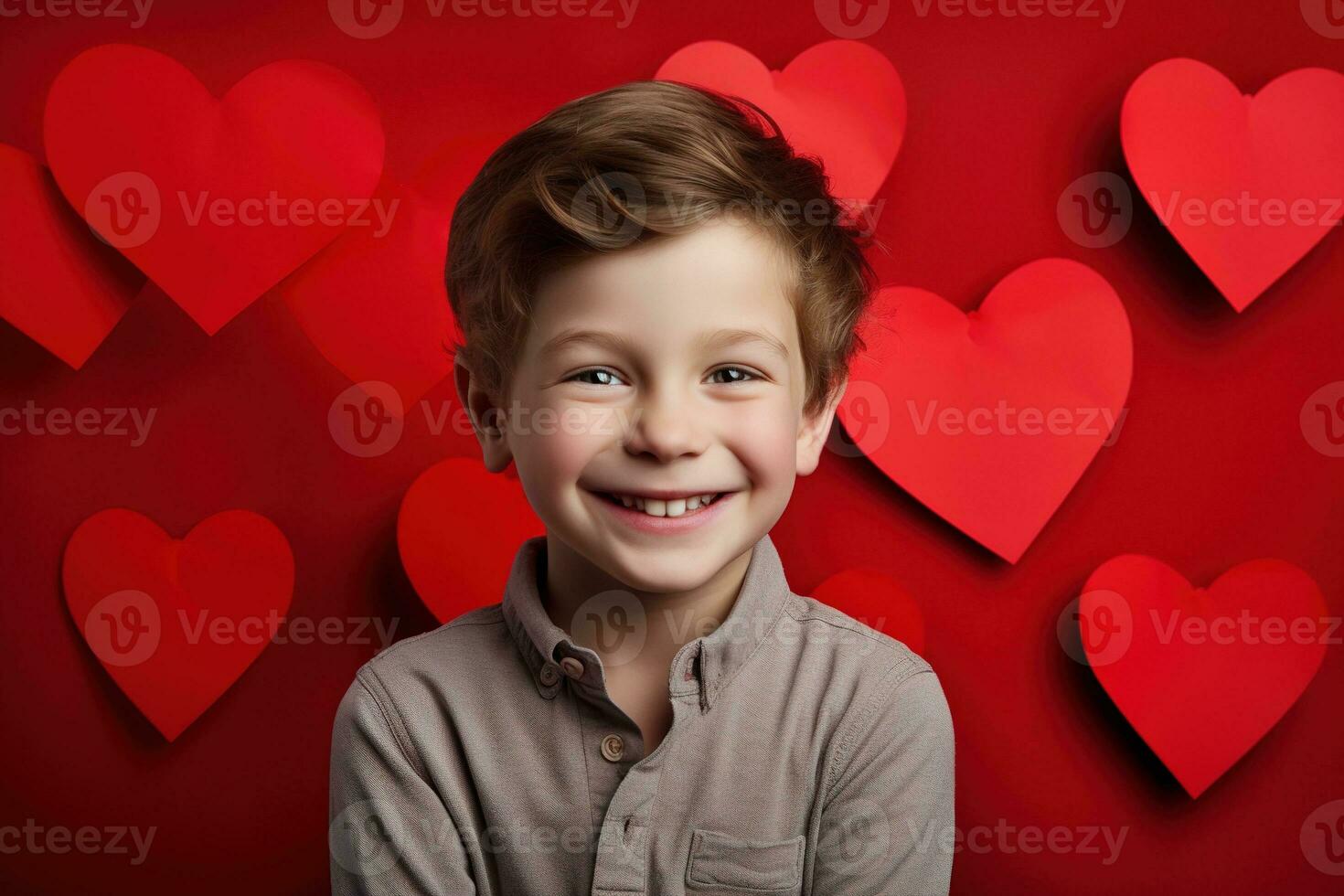 ai generato contento poco ragazzo con rosso cuori su San Valentino giorno. foto