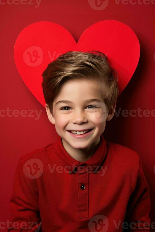 ai generato contento poco ragazzo con rosso cuori su San Valentino giorno. foto