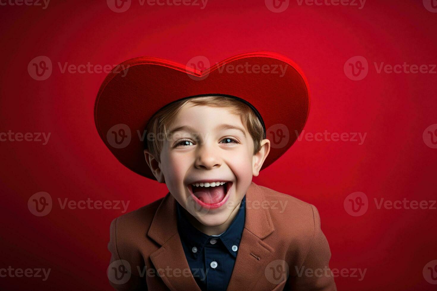 ai generato contento poco ragazzo con rosso cuori su San Valentino giorno. foto