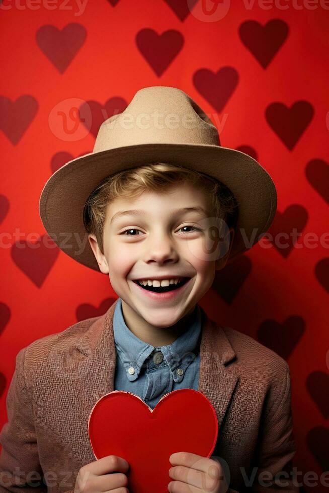 ai generato contento poco ragazzo con rosso cuori su San Valentino giorno. foto