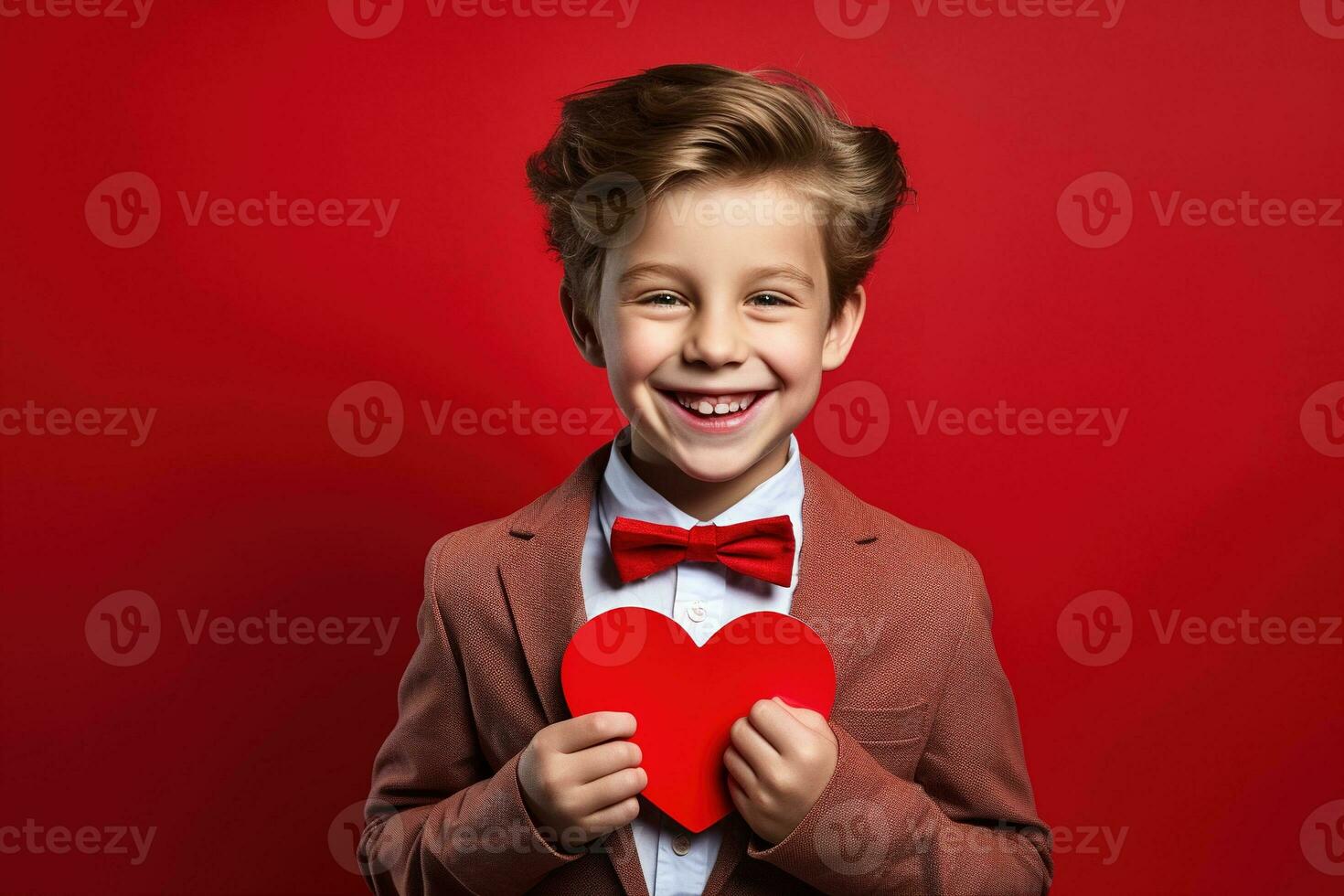 ai generato contento poco ragazzo con rosso cuori su San Valentino giorno. foto