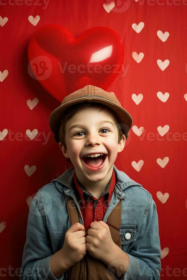 ai generato contento poco ragazzo con rosso cuori su San Valentino giorno. foto