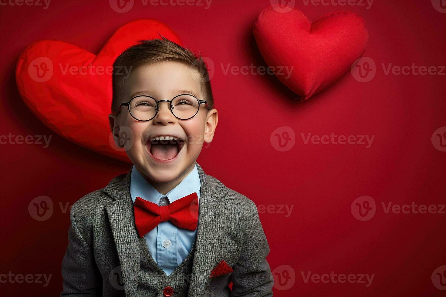 ai generato contento poco ragazzo con rosso cuori su San Valentino giorno. foto