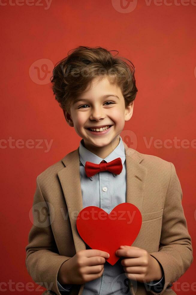 ai generato contento poco ragazzo con rosso cuori su San Valentino giorno. foto