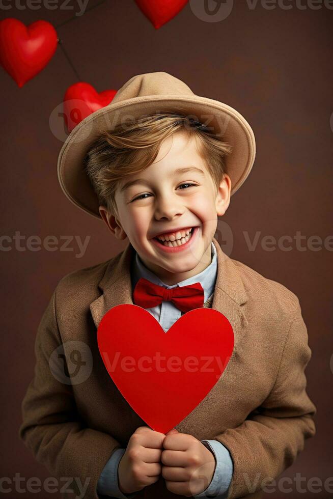 ai generato contento poco ragazzo con rosso cuori su San Valentino giorno. foto