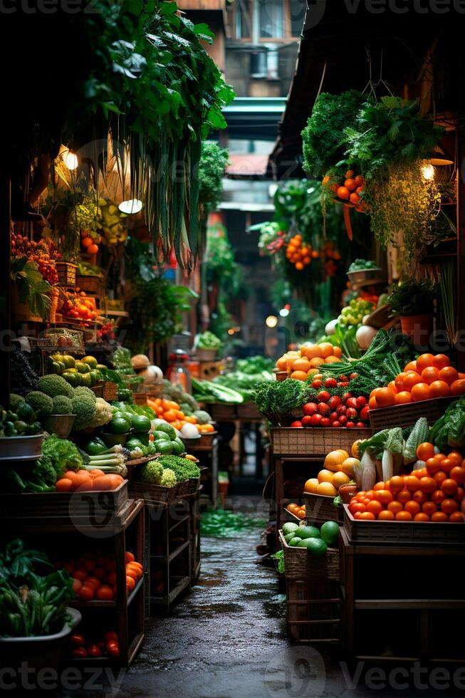 ai generato asiatico cibo mercato, fresco verdure e frutta - ai generato Immagine foto