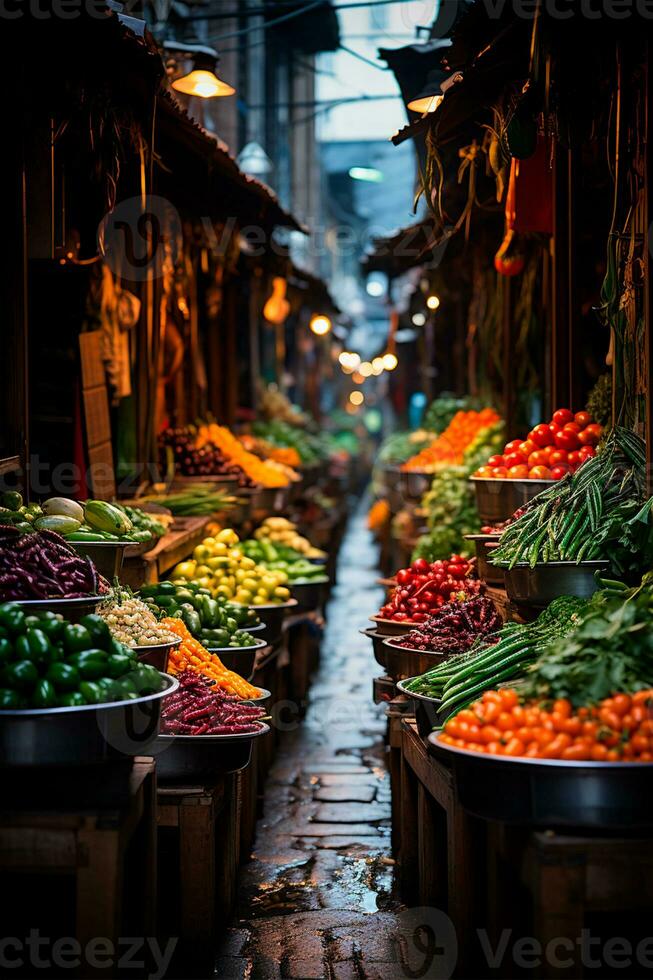 ai generato asiatico cibo mercato, fresco verdure e frutta - ai generato Immagine foto