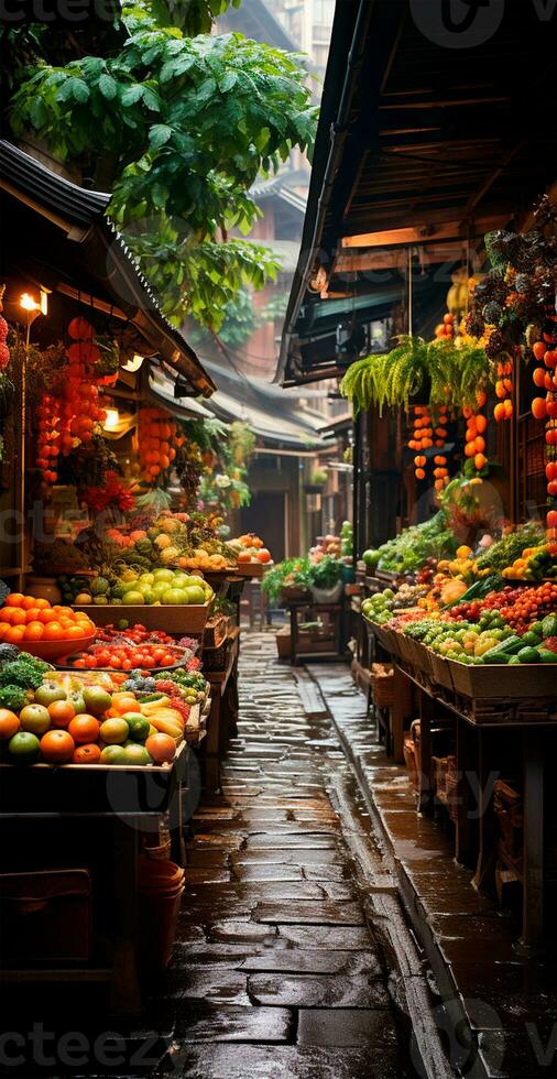 ai generato asiatico cibo mercato, fresco verdure e frutta - ai generato Immagine foto