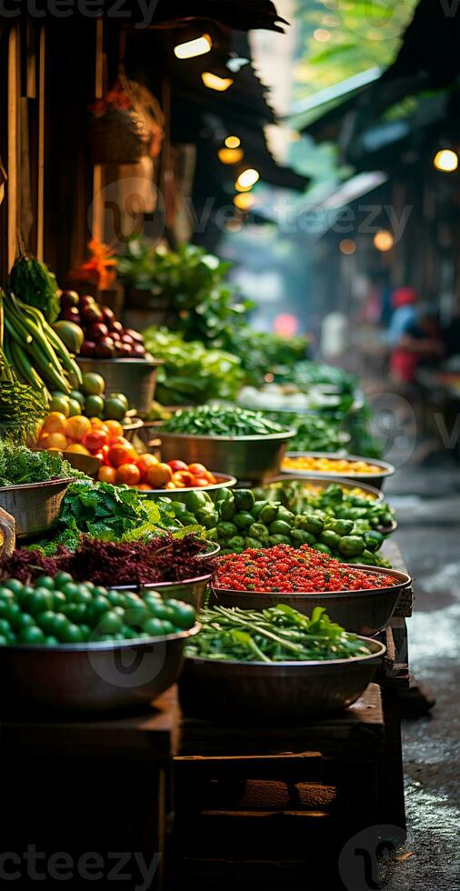 ai generato asiatico cibo mercato, fresco verdure e frutta - ai generato Immagine foto