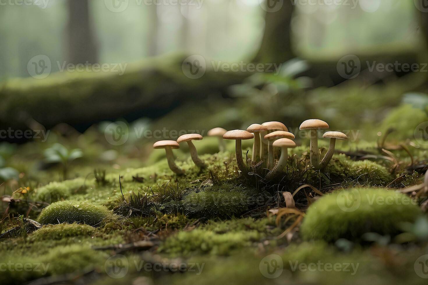 un' muschioso terra con minuscolo funghi nel il sfondo. foto